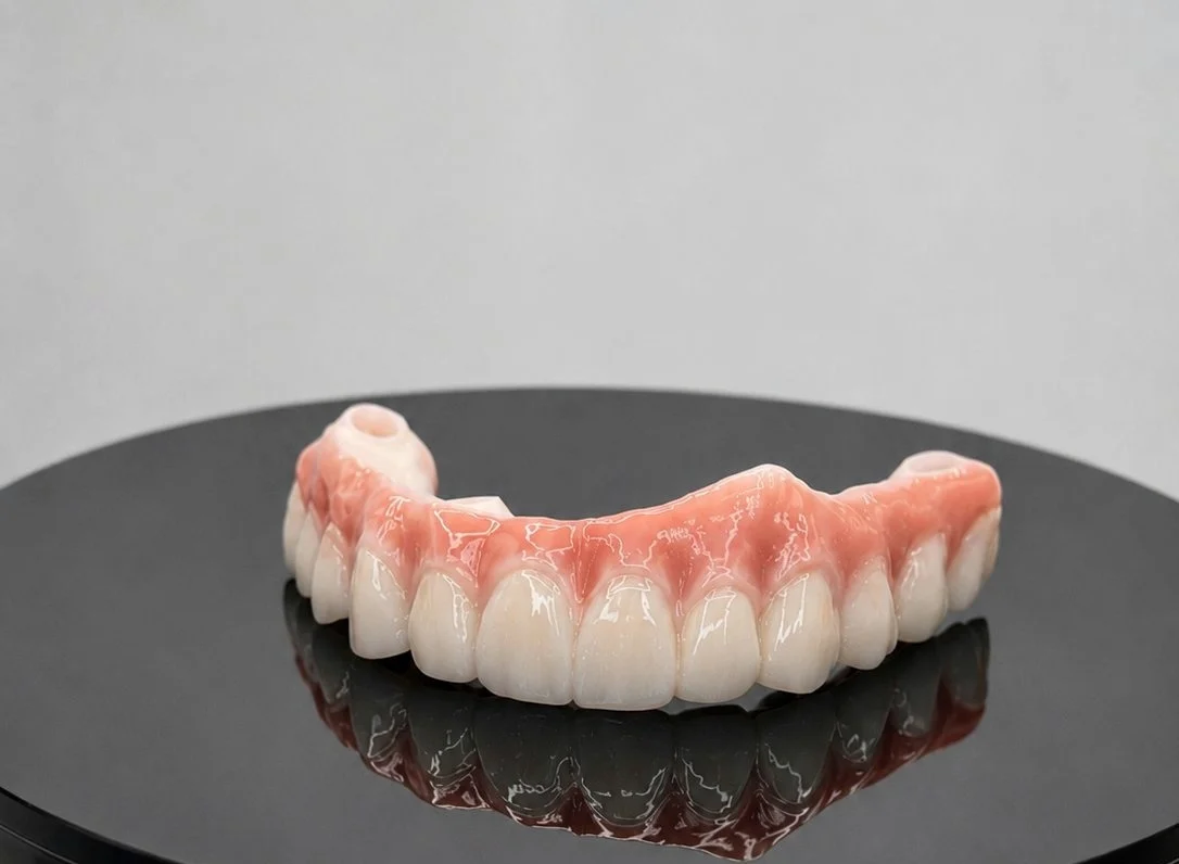 Full-arch zirconia restoration with custom gingival shading, produced by FullArX